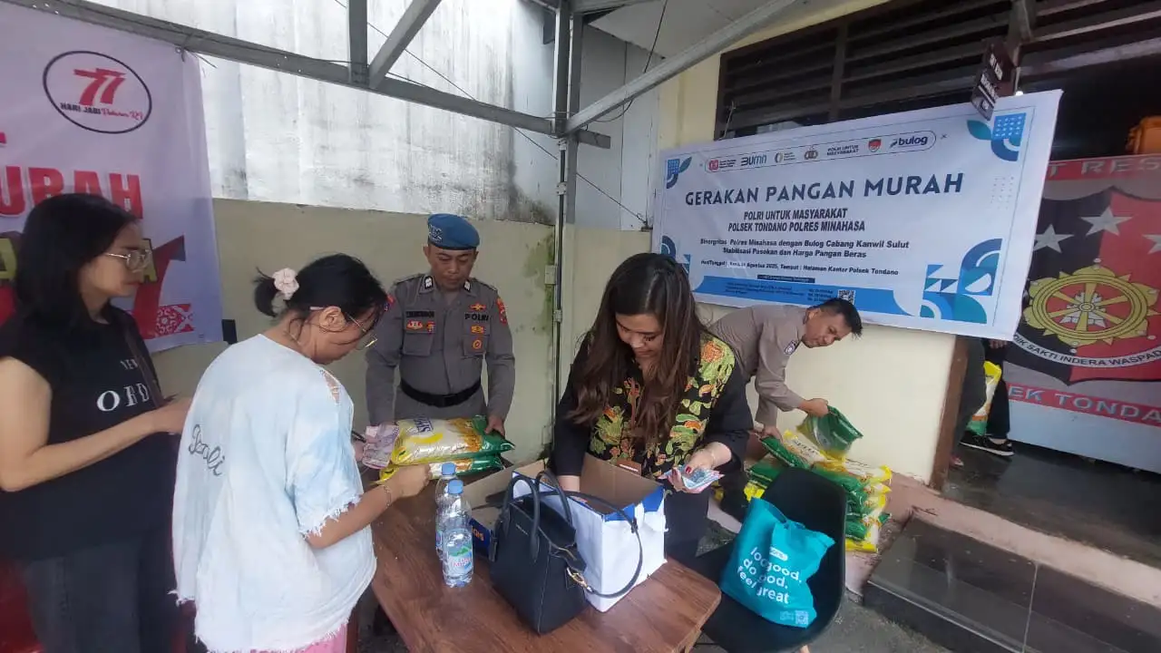 GERAKAN PANGAN MURAH POLRI–BULOG HADIR DI POLSEK TONDANO, 2 TON BERAS LUDES TERJUAL